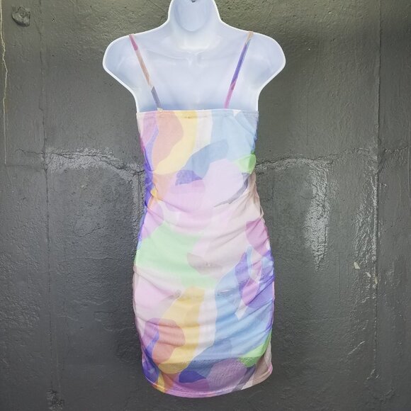 Nasty Gal Bodycon Dress 2 XS Mini Mesh Abstract Pastel Print Strappy Stretch NEW - Picture 7 of 16